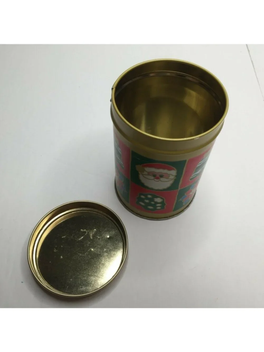 Christmas Holiday Cylinder Cookie Candy Present Tin Gift Giving Santa Bell